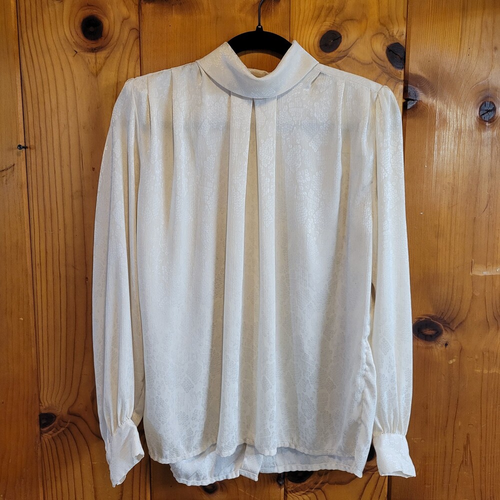 Vintage 80s White Long Sleeve Blouse large High Neck Floral Jacquard cottagecore